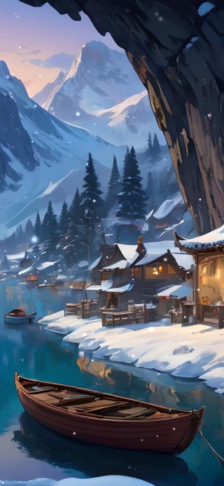 雪中洞边小镇