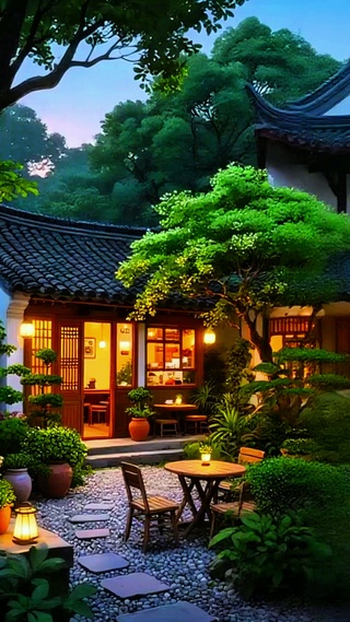 唯美傍晚庭院4K