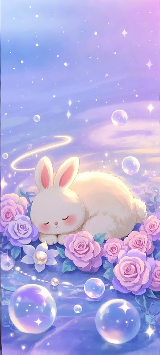 萌兔柔美的粉紫玫瑰