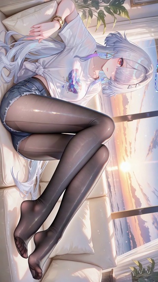 海边日落黑丝沙发少女