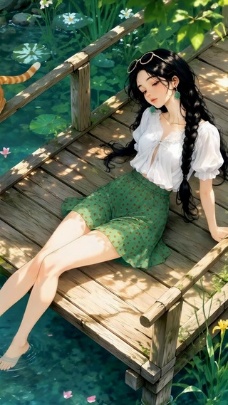 夏日溪边少女与橘猫