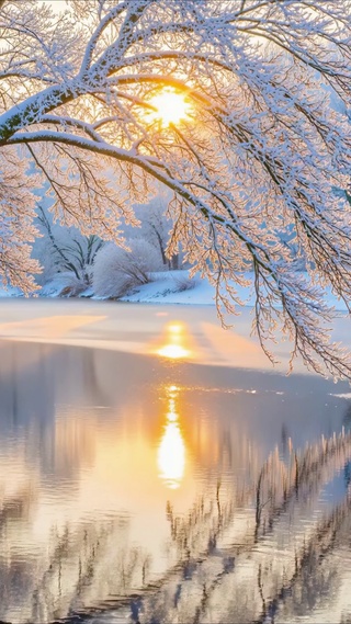 治愈雪景湖泊小溪