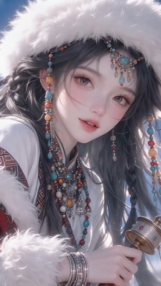经幡下的藏族女孩