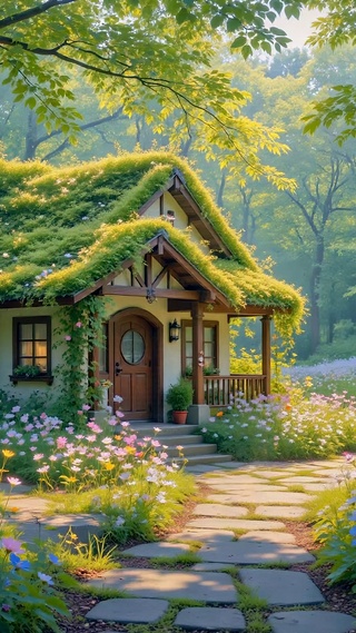 治愈林间花海童话小屋