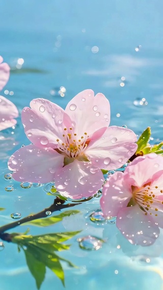 水面樱花清新唯美风景