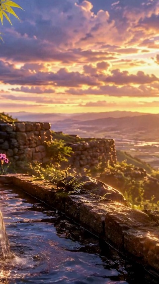 竹林落日溪景