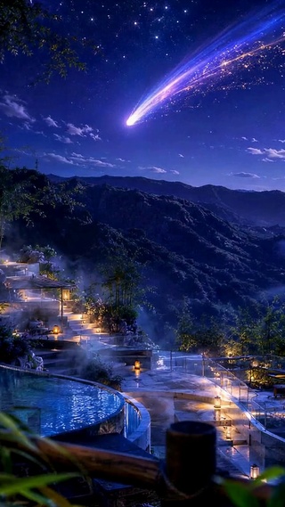 流星满月山谷温泉夜景