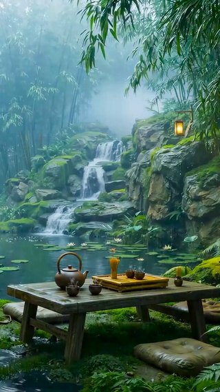 园林竹林雨景