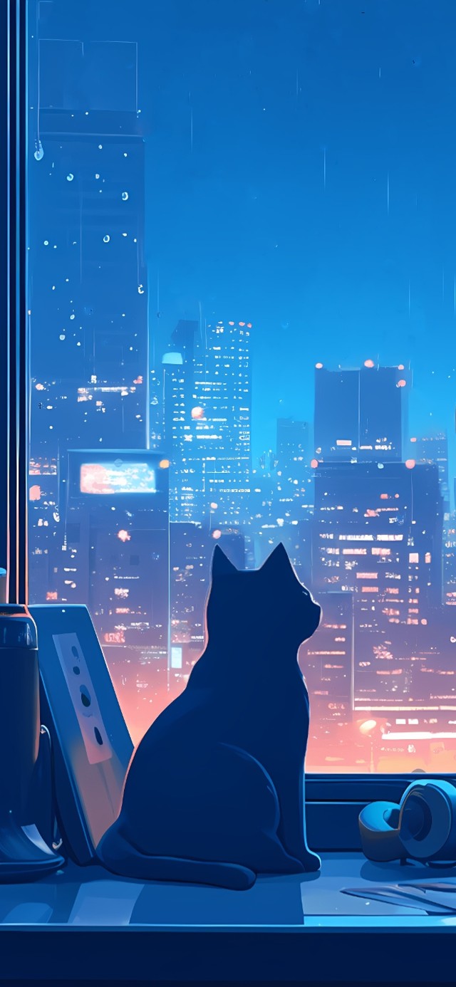 4K唯美窗外动漫雨夜城市