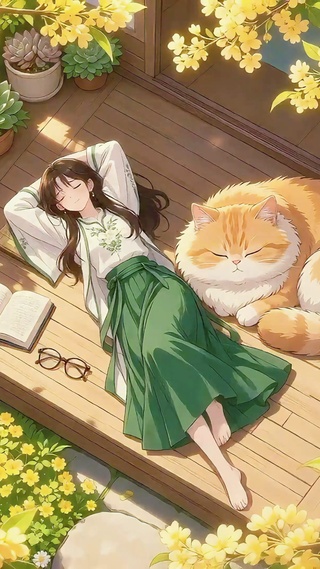 小院晒太阳的少女和猫