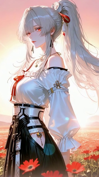 夕阳花海下的红瞳少女