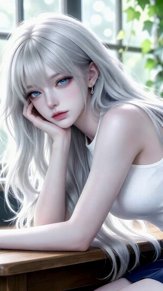 窗边银发清纯美少女