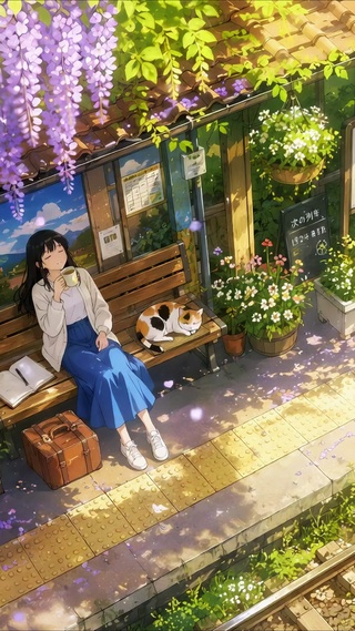 车站紫藤下少女午后小憩