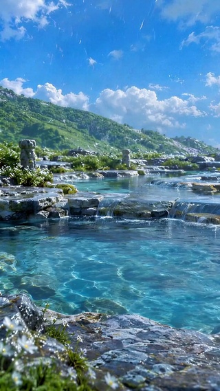 清新山间叠水湖泊美景