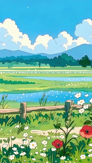 晴空乡野花田