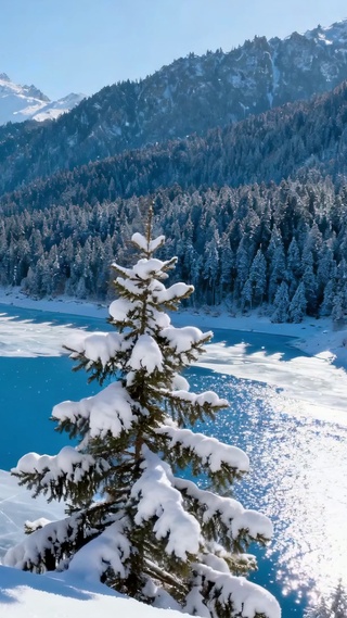 雪山冰湖冬景