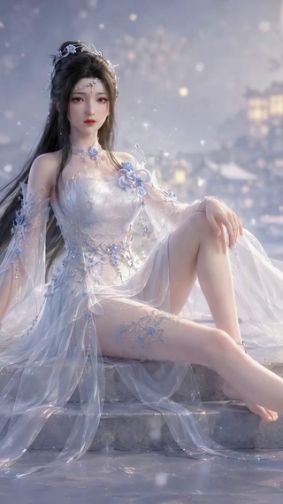 月下雪景古风轻纱美人