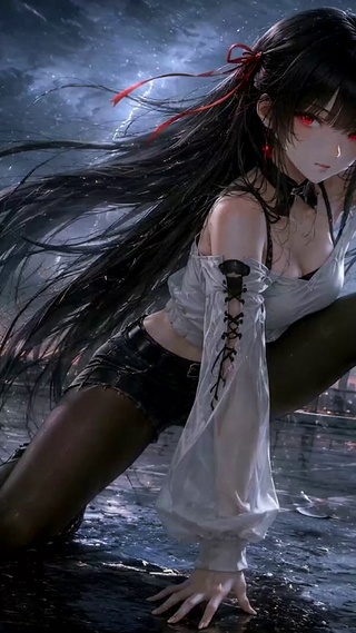 雨夜黑发红瞳二次元美少女