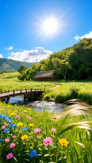 护眼蓝天白云树木河流