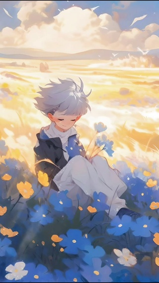 花海中的小男孩