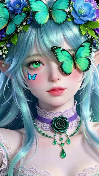 蓝发蝴蝶精灵美少女
