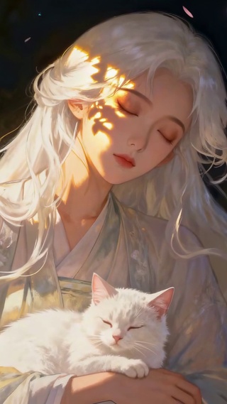 暖夜樱花白发古风美女抱猫
