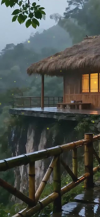 山间雨中茅草屋