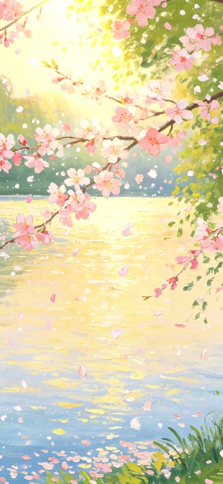 花漾壁纸|樱花湖畔的波光倒影