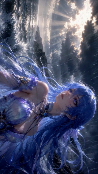 雨天海边蓝发二次元美少女