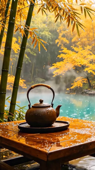 国风竹林木屋雨景