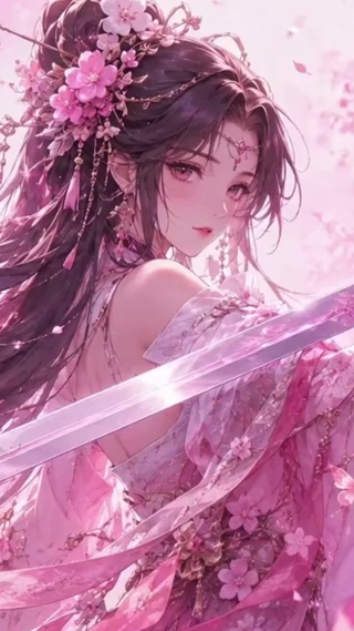 执剑粉色系二次元古风美女