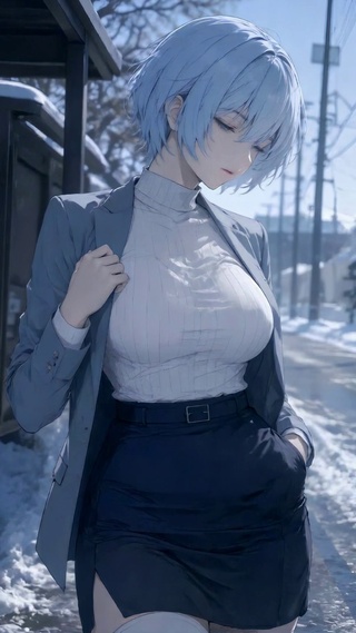冬日街头蓝短发清冷美少女
