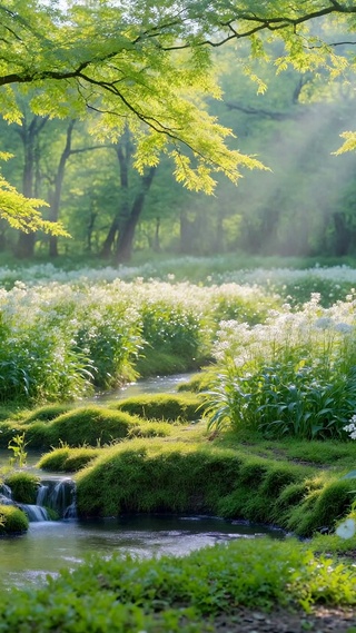 治愈林间溪流白花盛景