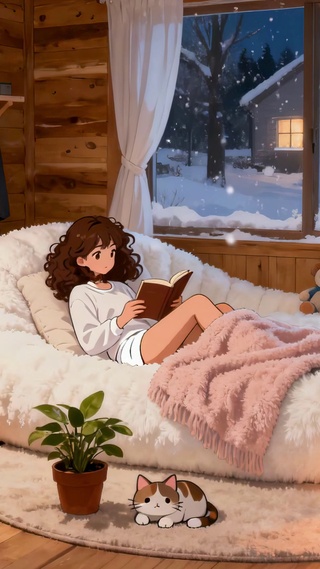 冬日暖房阅读少女
