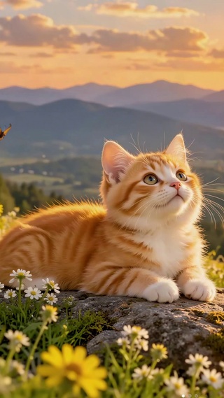 夕阳山巅花丛的软萌橘猫