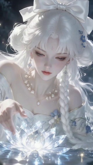 月夜荷塘古风白发美少女
