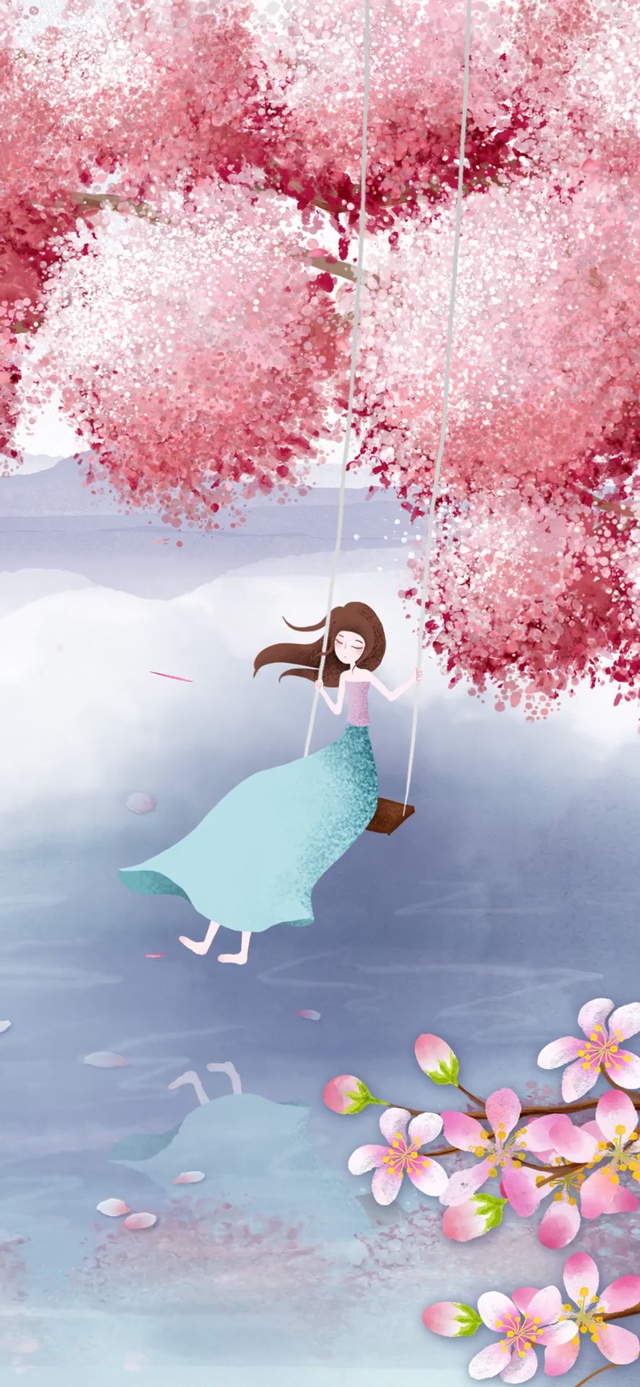 樱花树下的秋千少女