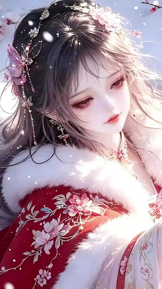 雪中赏梅的古风红衣少女