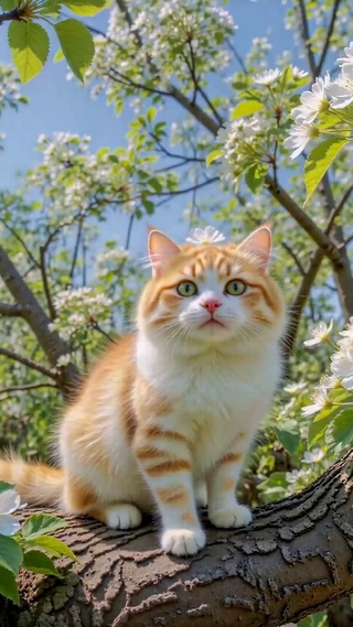 樱花树上的可爱橘猫