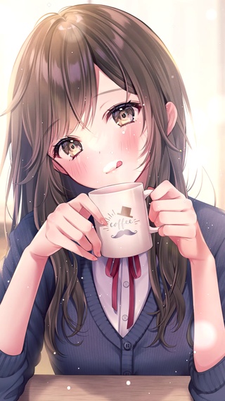 调皮喝咖啡少女
