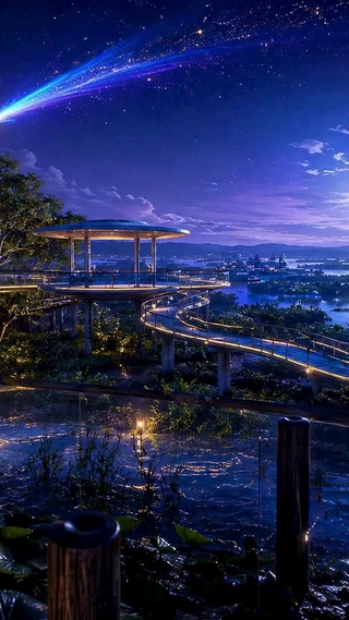 月夜星空江畔观景步道