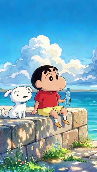 海边石堤上的小新与小白