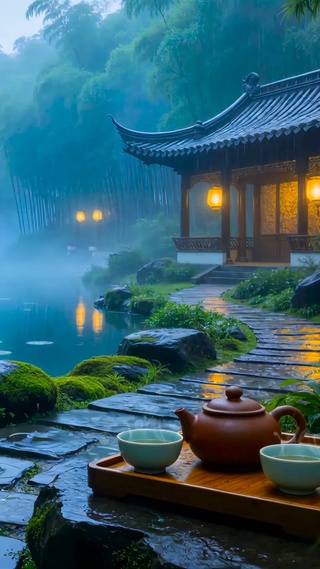 庭院竹林雨景
