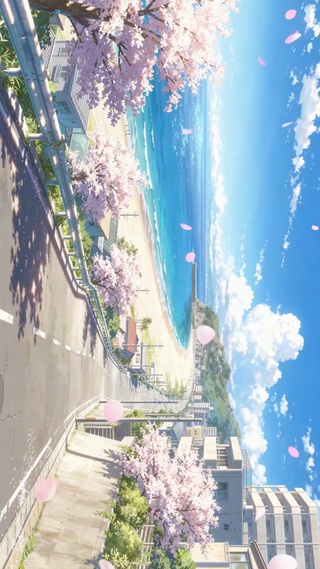 动漫海边樱花飘落海岸线美景