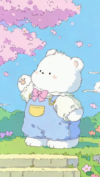 樱花树下的可爱小白熊