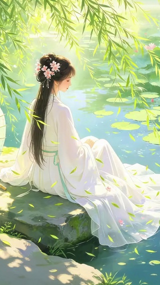 荷花池旁美女