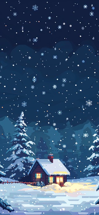像素风雪中温暖山顶小屋
