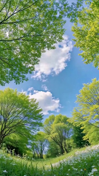 春日蓝天绿荫林间花海