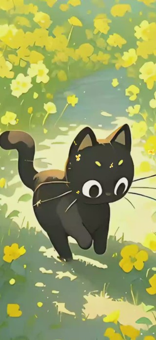 油菜花田中的小黑猫