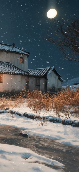 溪边风雪夜小屋